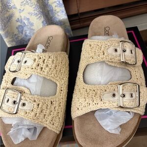 Corkys Tan Crochet Buckle Sandals